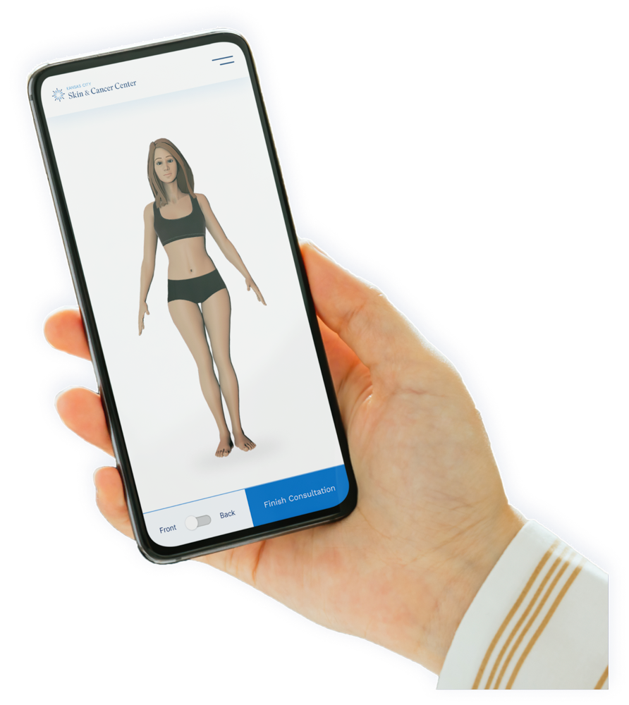 Hand holding phone showing sample image of woman for virtual consultation.