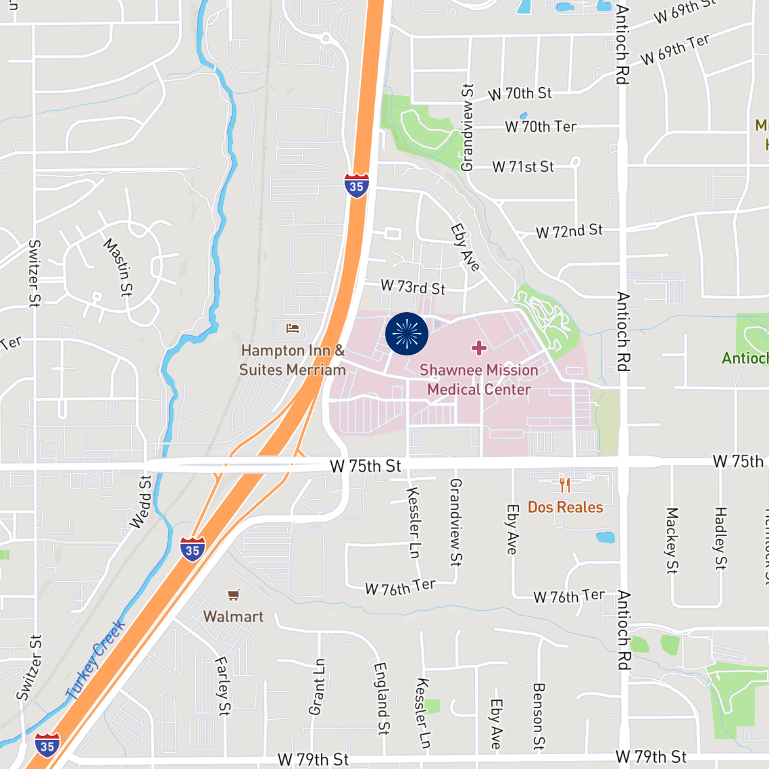 Map showing location of Kansas City Skin and Cancer Center. It is next to Shawnee Mission Medical Center.