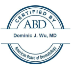 Certification logo. Certified by ABD. Dominic J. Wu, MD. America's Board of Dermatology.